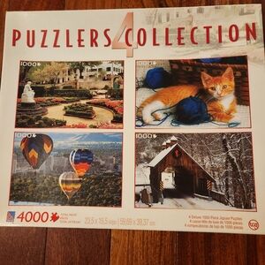 Puzzlers 4 Collection 1000 Piece Puzzles Cat, Hot Air Balloons, Garden, Bridge